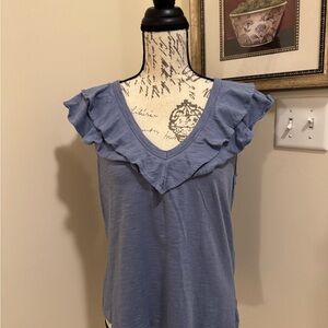 White House Black Market Light Blue Ruffle V-Neck Blouse